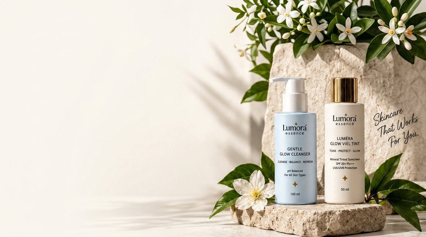 Lumora Essence Skincare Duo — Purposeful formulations on limestone pedestal