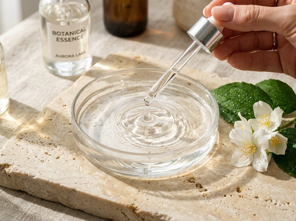 Skincare laboratory still life with glass petri dish and jasmine blossom