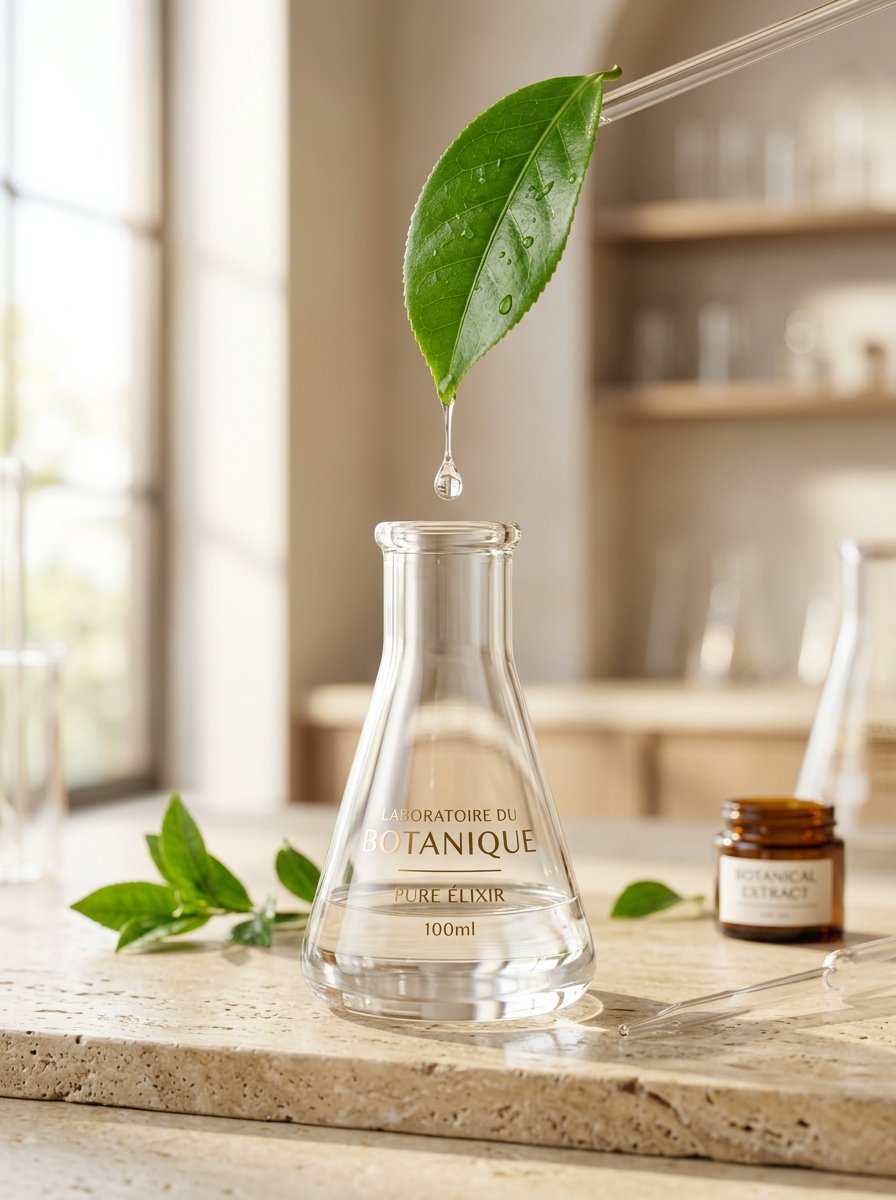Pure botanical elixir in laboratory glass conical flask
